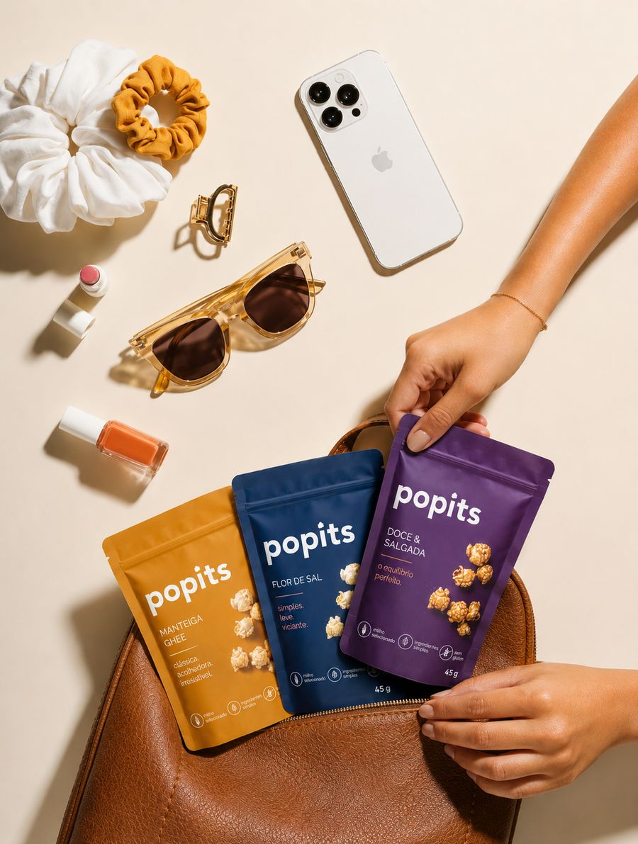 Os três sabores de Popits saindo de uma bolsa.