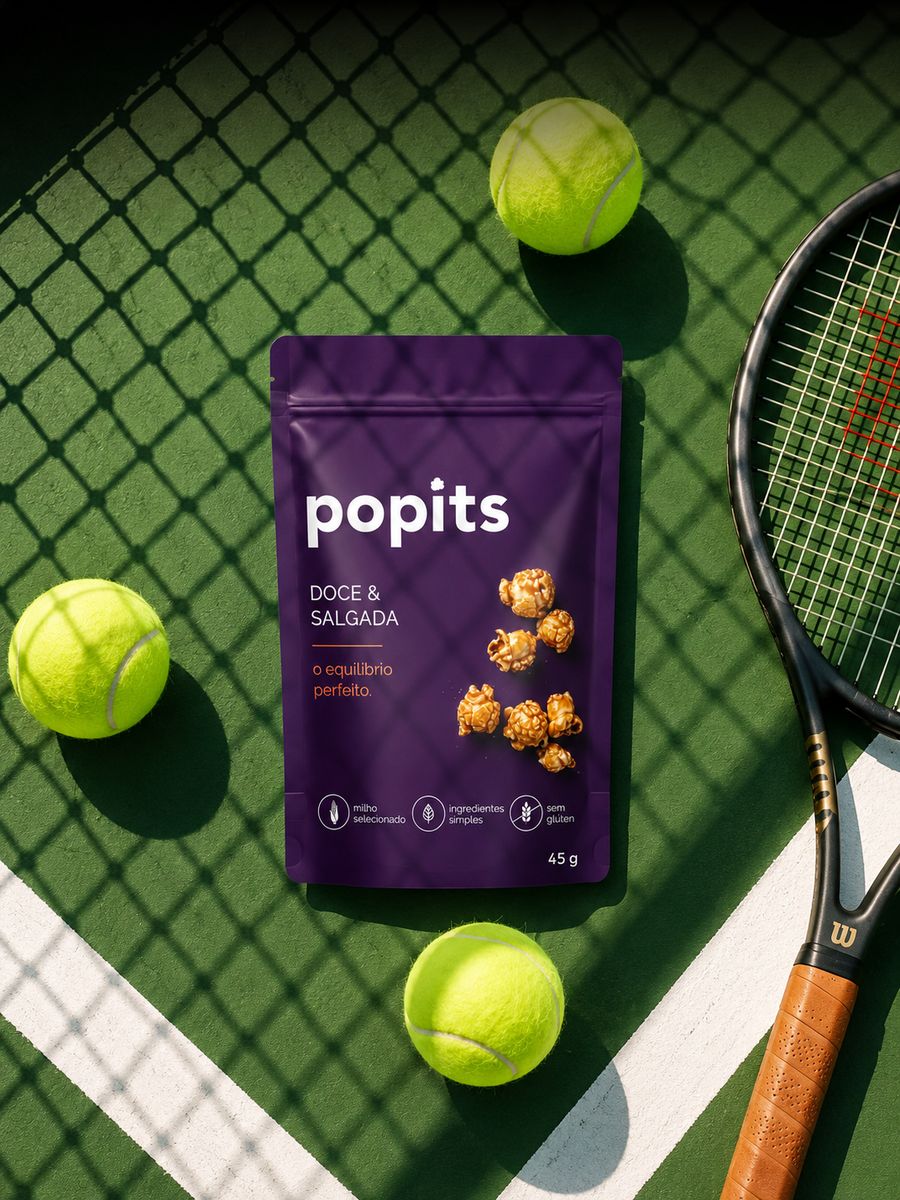 Pacote Popits Doce & Salgada numa quadra de tênis, com bolinhas e raquete.